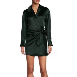 Gianni Bini Avery Long Sleeve Satin Point Collar Faux Wrap Dress Green 8